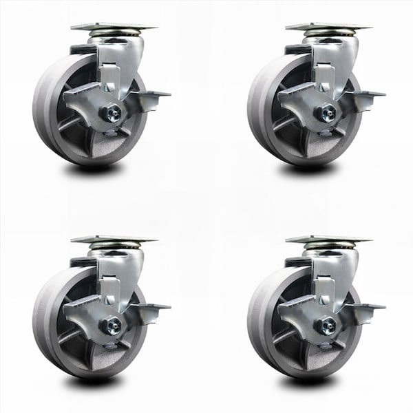 5 Inch V-Groove Semi Steel Swivel Caster Set with Roller Bearings and Brakes SCC